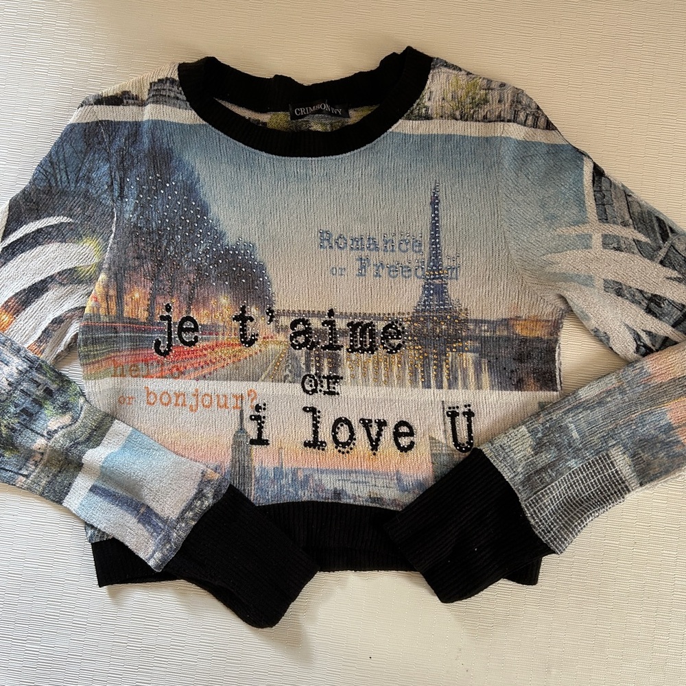 CRIMSON IVY crop sweatshirt long sleeve print glass rhinestone Sz medium